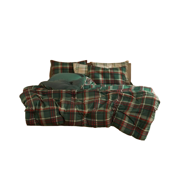 a green plaid comforter and shams