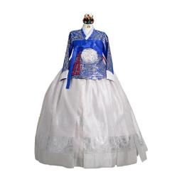 traditional korean hanbok with blue top and white skirt