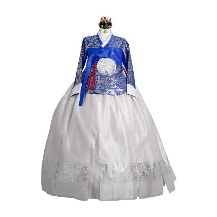traditional korean hanbok with blue top and white skirt