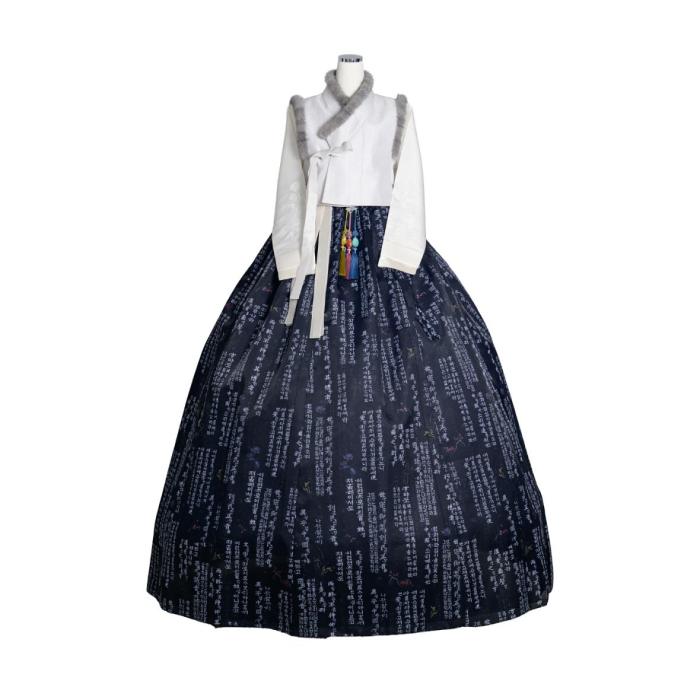 hanbok with white blouse and blue skirt