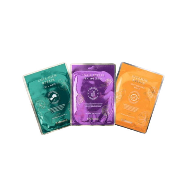 Eshumi Mask Pack 3Type

1.	Collagen Repair Cica Mask : 
When protection is needed due to frequent outdoor activities
Contains Centella asiatica extract, which has long been used medicinally through traditional therapy, and collagen, a skin component.

	Centella asiatica extract
The main ingredients in the bottled water extract are asiaticoside, Asiatic, acid,madeccassic acid, and madecassoside, which are substances with skin regenerative properties and have been reported to have an effect on improving extracellular matrix production.

	Collagen
Collagen, a component of skin, is effective against skin aging because it gives strength and elasticity to the skin and protects it from external stimuli.


2.	Snail Repair Peptide Mask : 
When dry skin needs moisturizing . Contains 5 types of peptides. Black Snail. Anti-aging 
 Contains 5 peptides (Copper Tripeptide-1, Oligopeptide-32, Oligopeptide, Acetyl Hexapeptide-8, Palmitoyl Pentapeptide-4) and Black Snail

	Palmitoyl Pentapeptide
According to research approved by the World Congress of Dermatology, it induces the production of collagen and elastin.
	Black Snail
Black snails contain about 1.5 times more protein than regular snails, and snail slime prevents aging/skin regeneration and minimizes skin irritation.



3.	Multivitamin Glutathione Mask : 
When tired skin needs vitality. 10 vitamins. White jade injection ingredient. Contains glutathione. Prevents pigmentation

	10 Vitamins
Contains vitamins B5, F, H, A, B6, B9, B1, and B12, including vitamin C and E, and has antioxidant, whitening, moisturizing, wrinkle improvement, and soothing effects.

	Glutathione
Glutathione, a protein made by combining three amino acids, cysteine, glycine, and glutamate, inhibits the production of black melanin in the skin and prevents melanin pigmentation, keeping the skin bright and helping to remove spots, blemishes, and freckles.

Eshumi Mask Pack 3 Type 

	When protection is needed due to frequent outdoor activities
Improve the skin barrier with the cica component of centella asiatica extract and collagen that protects the skin!

	When dry skin needs moisturizing
Recharge with real black snail slime that contains 1.5 times more protein than regular snails!

	When tired skin needs vitality
Make your skin bright and vibrant with 10 types of multi-vitamins and glutathione!


#Skin elasticity #Skin regeneration
#Wrinkle improvement #Blemish improvement