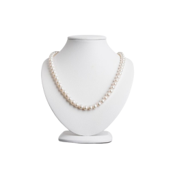 a pearl necklace on a white display stand
