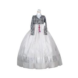 white and black plaid jacket and white lace skirt