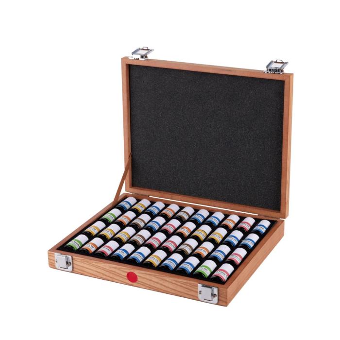 a wooden case with a black velvet lining