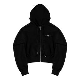 black hoodie with hood and logo