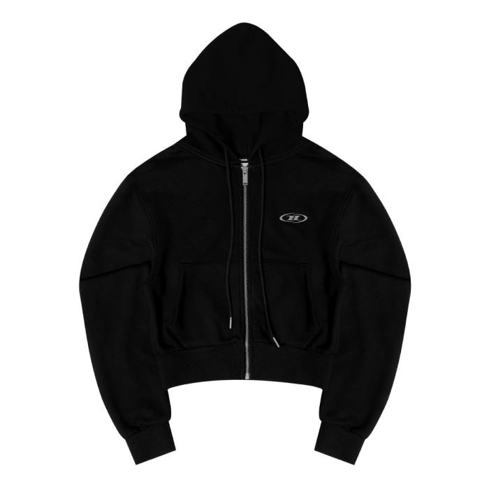 black hoodie with hood and logo