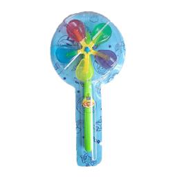 blue and green plastic toy with blue, green, yellow, and purple swirls and a green handle