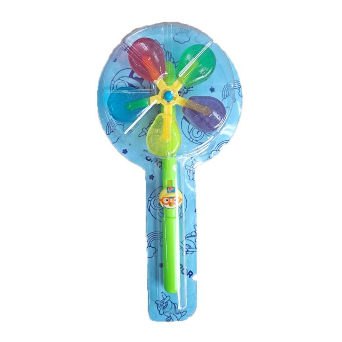blue and green plastic toy with blue, green, yellow, and purple swirls and a green handle