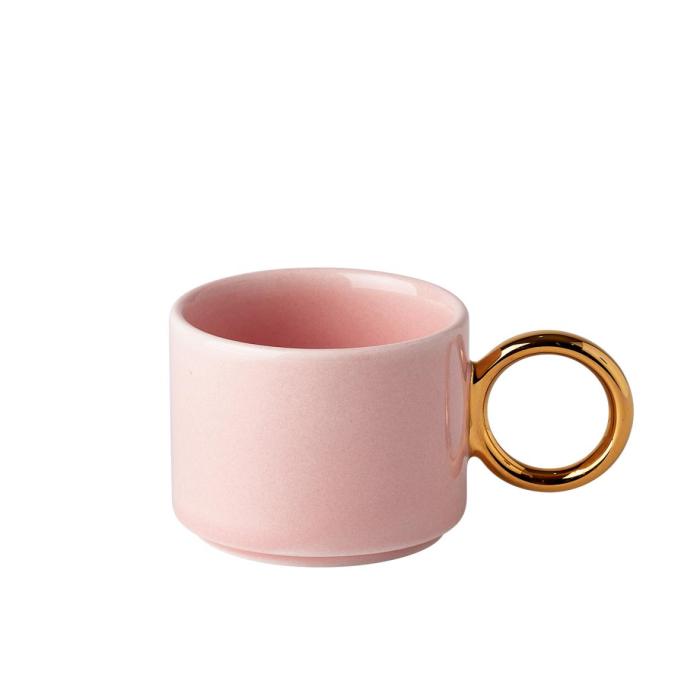 pink mug with gold ring handle