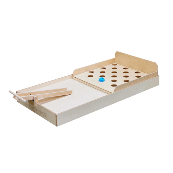 wooden game board and blue ball