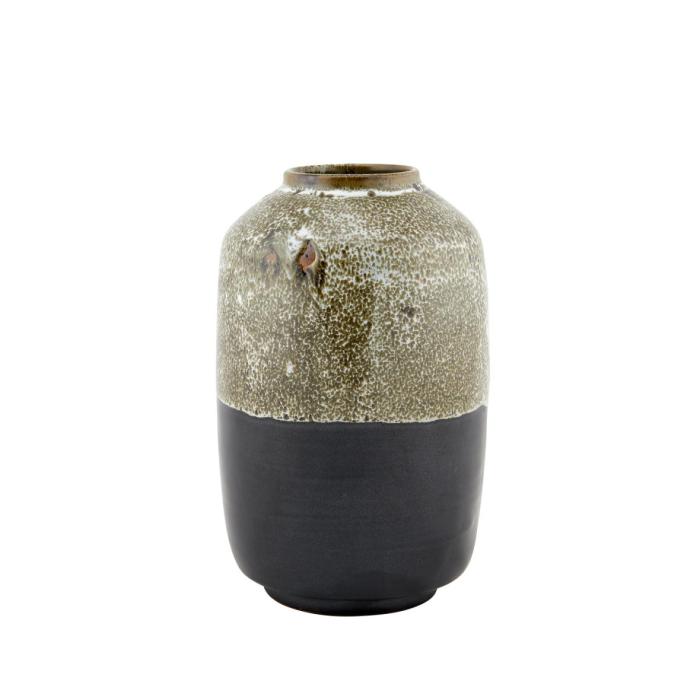 ceramic vase with black base and gold speckled glaze