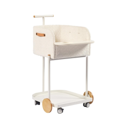 a trolley with a white textile seat and wooden wheels