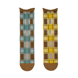 a pair of brown and yellow plaid socks