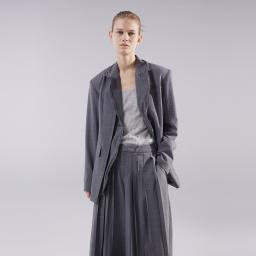 Detachable Wire Collar Tailored Jacket, the brand's signature jacket, available in black, ivory, gray, and beige