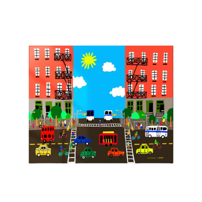 a city street with cars, buses, and trucks