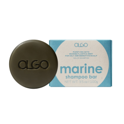 ALGO Marine Shampoo Bar. The shampoo bar is dark green in colour with a flip top cap.