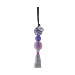purple and pink round wooden beads and a white tassel
