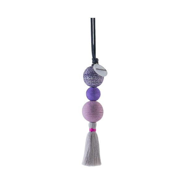 purple and pink round wooden beads and a white tassel