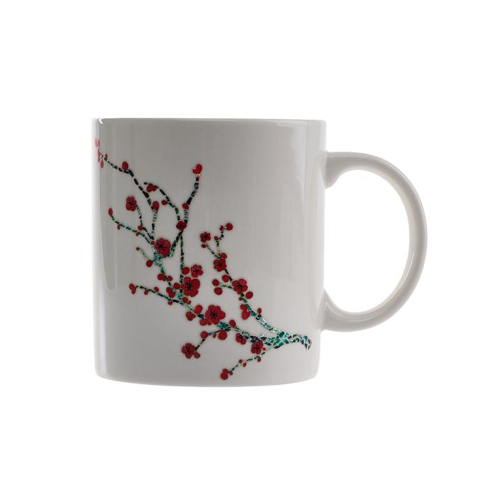 white mug with red flowers