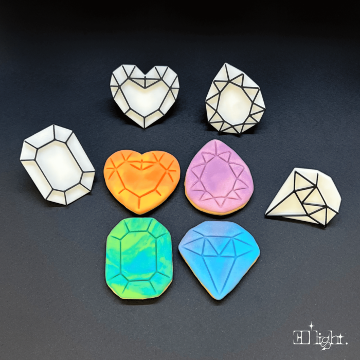 Gemstone cookie cutter shapes, baking ingredients, favors, baking set, and tools.