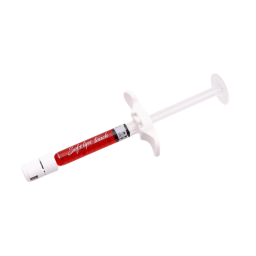 a syringe with red liquid and a white plastic handle