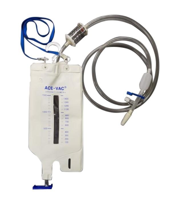 Medical Low-Pressure Continuous Suction Device (Drainage Bag)

ACE-VAC is a medical low-pressure continuous suction device that continuously drains secretions such as bodily fluids and plasma from the surgical site. It uses constant negative pressure (elastic body) to drain fluids and plasma, thereby preventing complications that may occur after surgery.
It is used as a collection container for the purpose of continuously draining secretions such as bodily fluids and plasma from the surgical site while maintaining a vacuum state, making it convenient to use.
By rapidly draining secretions, it narrows the space between tissue layers, reduces the use of antibiotics, and has the effect of reducing the healing period and cost.
It is an integrated product with upper and lower storage units and a discharge tube connected to it, which complements the disadvantages of conventional aspirators. It enables uniform drainage and pressure control, and is a product that dramatically reduces the risk of secondary infections in hospitals.
