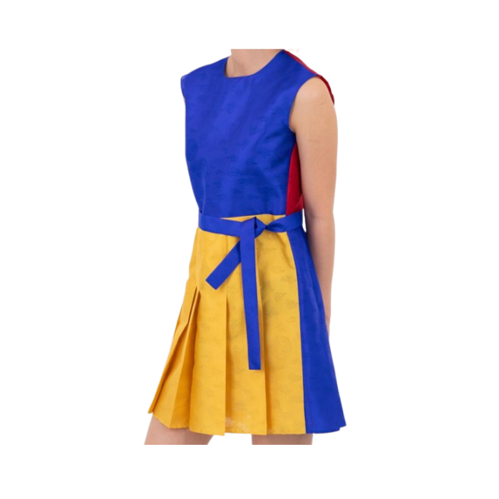 the blue and yellow dress with a red bodice and a blue skirt