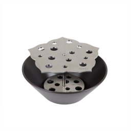a black bowl and a strainer on a white background