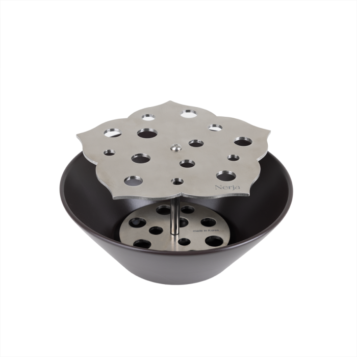 a black bowl and a strainer on a white background