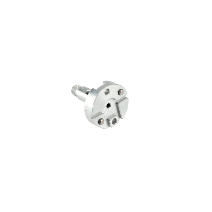 A precision-machined aluminum metal component with a compact cylindrical base and a raised threaded shaft, presented like an industrial hardware part. Its brushed silver finish, clean cutouts, and smooth turned surfaces emphasize engineering accuracy and durability. The visible holes, slots, and layered geometry suggest a functional mounting or connector piece made for exact fit and performance, appealing to technical buyers who value reliability and craftsmanship.