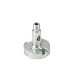 A precision-machined aluminum metal component with a compact cylindrical base and a raised threaded shaft, presented like an industrial hardware part. Its brushed silver finish, clean cutouts, and smooth turned surfaces emphasize engineering accuracy and durability. The visible holes, slots, and layered geometry suggest a functional mounting or connector piece made for exact fit and performance, appealing to technical buyers who value reliability and craftsmanship.