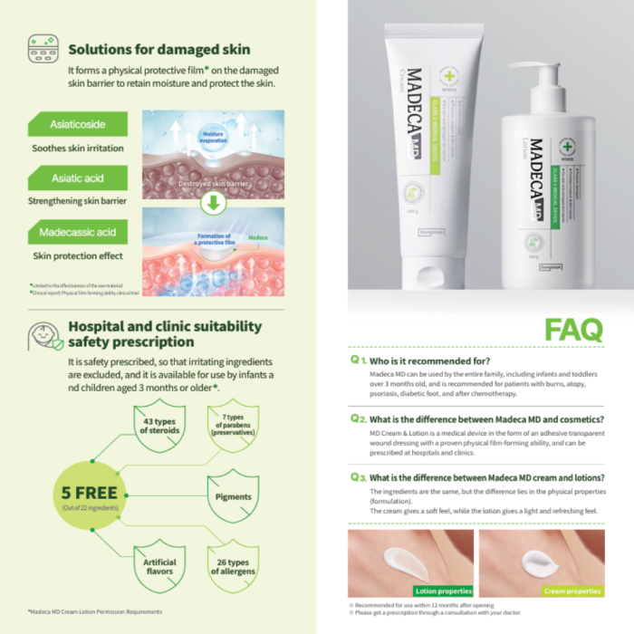 MADECA MD LOTION 500g.
Dry skin and damaged skin barrier.
4 FREE: NO silicon, NO NOpreservatives, NO coloring agent, NOfragranc.
3 TECA: Asiaticoside, Asistic acid, Madecassic acid