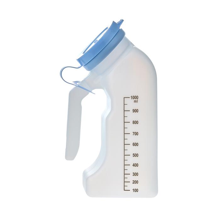 baby bottle with blue lid and measurement scale isolated on white background