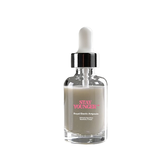stay young serum in a glass bottle with a white lid and pink label