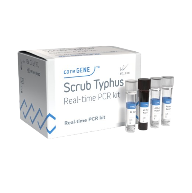 Scrub Typhus Real-Time PCR Kit. A box and four tubes of the kit are shown on a white background.