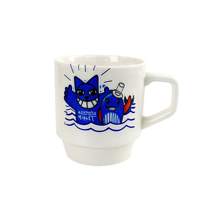 the mug with a blue cat and a fish on it