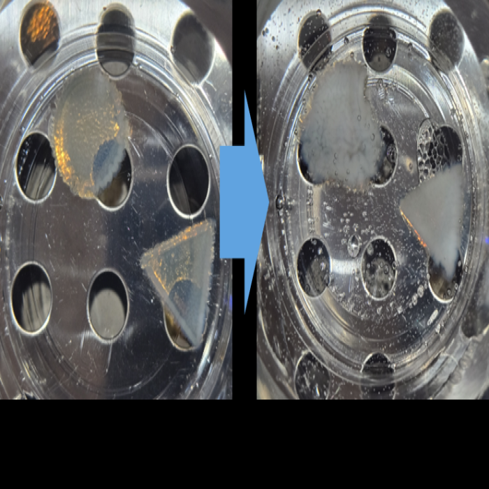 This image shows the dissolution behavior of a test specimen in solvent.The left side shows the initial state before dissolution, while the right side shows the specimen gradually dissolving in the solvent.