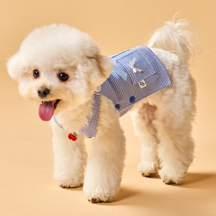 This is a very bright and pretty check pattern puppy fashion shoulder strap dress.
