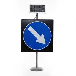 this image stands for: Traffic sign with solar panel on a white background