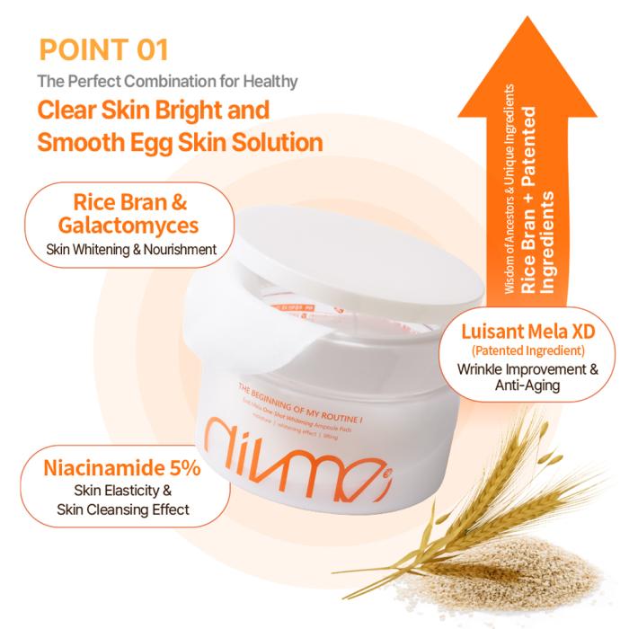 - Niacinamide 5% (Skin Elasticity & Skin Cleansing Effect)
 - Adenosine (Wrinkle Improvement Function)- Luisant Mela XD, a patented ingredient, provides 
   youthful care for dull skin stimulated by UV rays and harmful substances (whitening & wrinkles)
- Ceramide NP ingredient prevents moisture evaporation