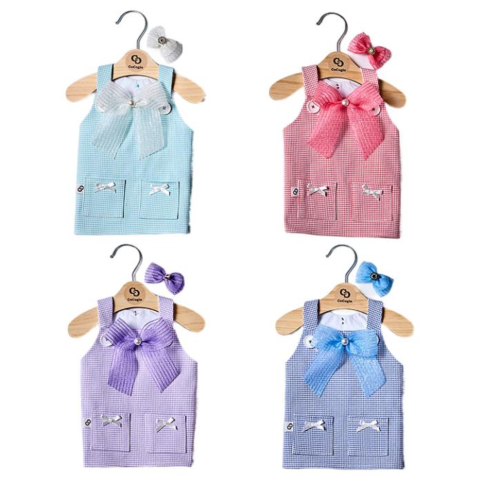 This is a very bright and pretty check pattern puppy fashion shoulder strap dress. 
Made of soft cotton spandex material (97% cotton), it's easy to put on with snap buttons, 
and the sparkly pearl point ribbon and cherry ornament are cutely matched.