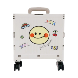 a white lunch box with a smiley face on the front
