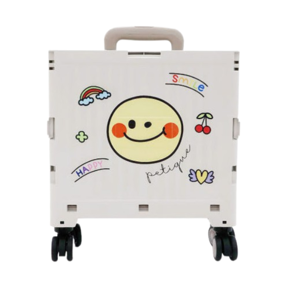 a white lunch box with a smiley face on the front
