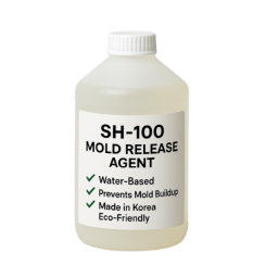 This image features a translucent plastic bottle of SH-100 Mold Release Agent, photographed against a clean, light-gray background. The bottle has a white screw cap and a clear, milky-white liquid inside, visually representing its water-based formulation.

The front label clearly highlights the product's key attributes in bold black text:

✅ Water-Based

✅ Prevents Mold Buildup

✅ Made in Korea

✅ Eco-Friendly

This visual effectively communicates the product’s clean, safe, and industrial-grade characteristics, making it ideal for use in rubber molding, dipping, and press forming applications. The clean design, simple typography, and neutral color tone reinforce the product's professional and reliable industrial identity.