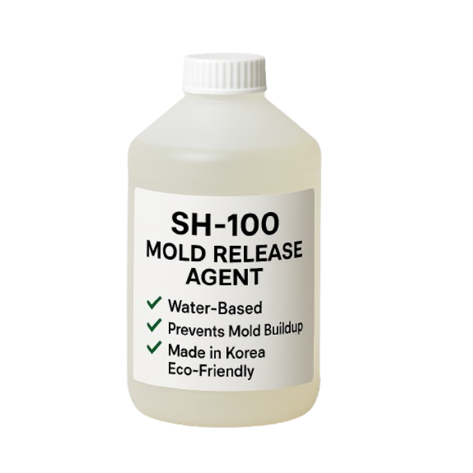This image features a translucent plastic bottle of SH-100 Mold Release Agent, photographed against a clean, light-gray background. The bottle has a white screw cap and a clear, milky-white liquid inside, visually representing its water-based formulation.

The front label clearly highlights the product's key attributes in bold black text:

✅ Water-Based

✅ Prevents Mold Buildup

✅ Made in Korea

✅ Eco-Friendly

This visual effectively communicates the product’s clean, safe, and industrial-grade characteristics, making it ideal for use in rubber molding, dipping, and press forming applications. The clean design, simple typography, and neutral color tone reinforce the product's professional and reliable industrial identity.