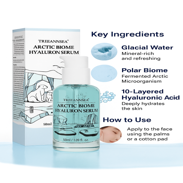 This hydrating serum strengthens the skin barrier with micro polar biome derived from Arctic microorganisms, while glacial water and low-molecular-weight hyaluronic acid deliver deep hydration for smooth and healthy skin.
