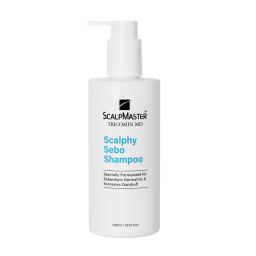 Scalp Master Scalp Therapy Scalp Sebum Shampoo with a white pump bottle and blue and white label on a white background