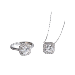 Platinum necklace and ring set with 1.0 carat lab-grown diamond, frames in halo (both full product and mounting available)