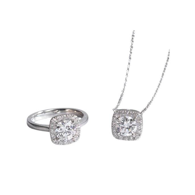 Platinum necklace and ring set with 1.0 carat lab-grown diamond, frames in halo (both full product and mounting available)