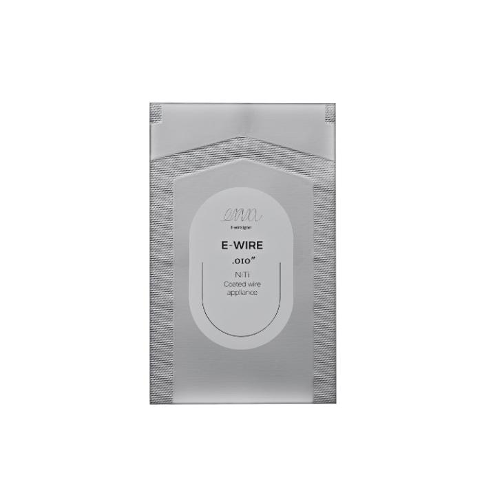 Front view of E-WIRE orthodontic archwire packaging with logo and product name